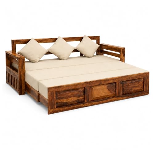 Image of SONA ART & CRAFTS Regal Sheesham Wood 3 Seater Sofa Cum Bed | Wooden 3 Seater Sofa for Living Room Wooden Furniture Sofa Bed for Home (Natural Finish)