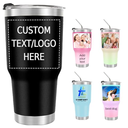 Image of Personalized 30oz Tumbler with Pictures, Custom Insulated Tumblers with Logo, Stainless Steel Travel Coffee Mug, Personalized Gifts for Women Men Birthday Fathers Day Mothers Day