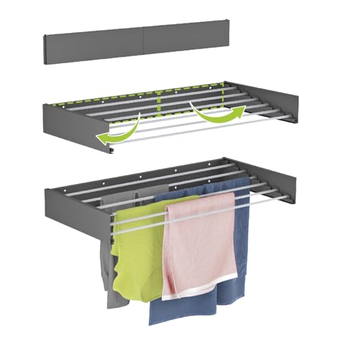 Almalero - Étendoir mural pliable anti-oxydants - Extérieur et intérieur - Qualité - 6 barres - Charge totale 27 kg - Gris industriel 100 cm