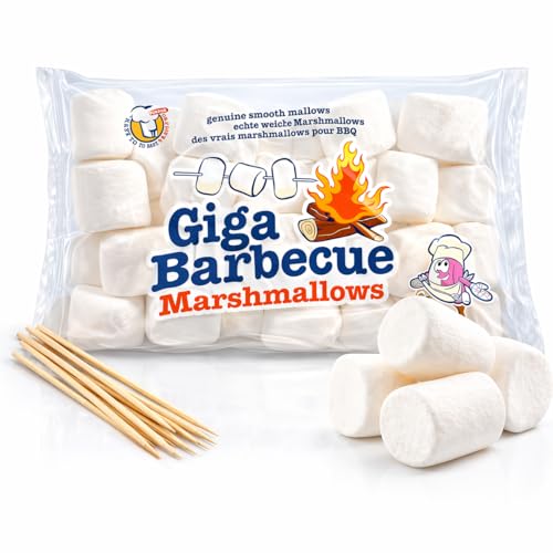 Giga Barbecue Marshmallows 750g with 10 Bamboo Skewers Fluffy Toasting Marshmallows for BBQ Campfire & Smores Large Sharing Bag for Parties Roasting & Baking Treats for Family & Outdoor Fun