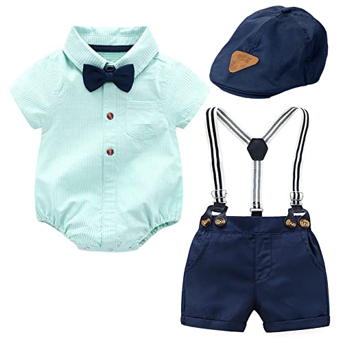 Balipig Baby Jungen Gentleman Anzüge 3tlg Kinder Kurzarm Bowtie Shirt Strampler + Hosenträger Shorts + Hut Festliche Taufe Hochzeit Gentleman Outfit Set für Sommer 12-18Monate