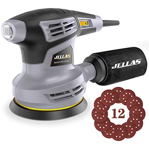 Jellas Orbital Sander, 280W 125MM Sander Machine with 13000RPM 6 Variable Speed, Dust Collection Bag, 360u00b0Rotating Sanding Base Plate, 3Meter Power Cord Random Orbit Sander