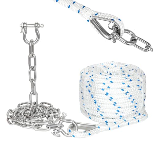 FUCNEN 3/8" Boat Anchor Rope 50 FT with 316 Stainless Steel Anchor Chain 3/16" x 4 FT, 1/4" Anti-Off Shackles and 3/8" Thimble, Anchor Rode for Mooring, Boats Pontoon, Deck, Fishing, Sail