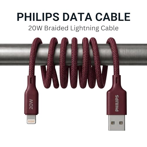 Image of PHILIPS DLC4130VI /94 20W iPhone Original Type-A to Lightning Fast Charging Cable (1m, Iron Red) | MFi Certified | 480Mbps Data Sync | Nylon Braided | Compatible with iPhone & Other Lightning Devices
