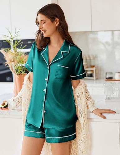 Image of Ekouaer Womens Satin Silk Pajamas Set Short Sleeve Sleepwear Button Down Top and Shorts Loungewear 2 Piece Pjs Set Blue Green X-Large