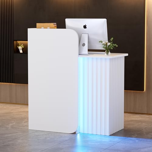 Empfangstheke mit LED-Lichtleiste Rezeptionstheke Klein Empfangstresen mit Abschließbaren Schubladen Modern Empfangsmöbel Rezeption Tisch Kompakt Fronttresen für Salon Geschäft Hotel Büro 44x80x100CM