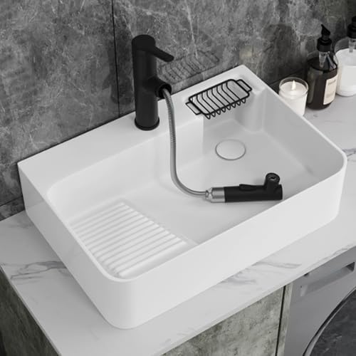 Modern Ceramic Laundry Room Utility Sink with Undermount Design, Washboard Faucet & Soap Holder, Ideal for Balcony & Bathroom - 60x46x15cm/23.6x18.1x5.9in