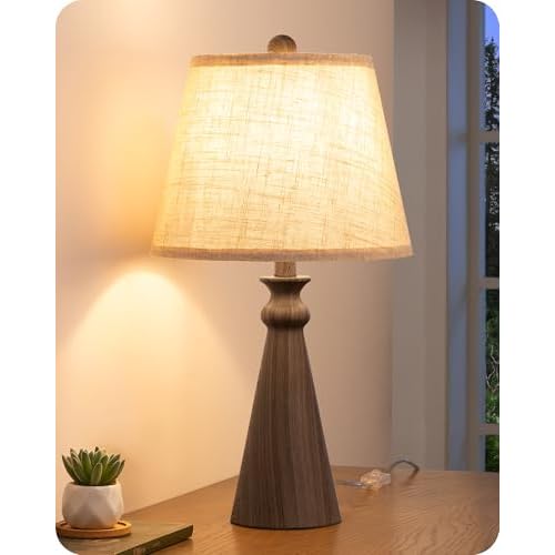 EDISHINE 21.85" Farmhouse Table Lamp, Rustic Bedside Lamp, Water Transfer Walnut Wood Grain Metal Base, Beige Linen Shade, Minimalist Nightstand Lamp for Living Room, Bedroom, Office, E26 Ba