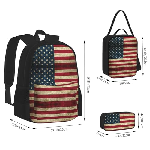 American Flag Print 3 Piece Backpack Set, Laptop Daypack, Lightweight Bookbag Set With Lunch Bag Pencil Case3