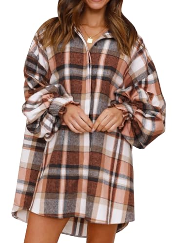 Danedvi Womens Oversized Flannel Plaid Shirts Jacket Ballon Sleeve Button Down Shacket Coats Orange2