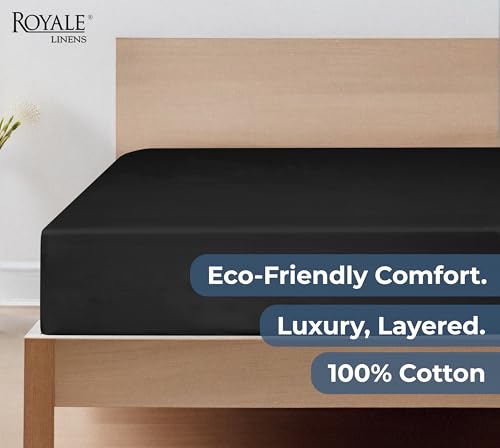Image of Royale Linens 100% Organic Cotton Fitted Sheet - Percale Weave - Super Soft Deep Pocket Bottom Sheets - Black Elastic Sheet King Cal Size - California King Fitted Sheets Only - (72 inchx84 inch+15 inch, Black)