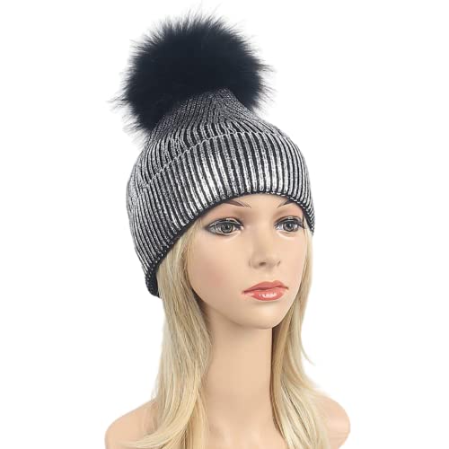 Women Girls Metallic Winter Hat Soft Warm Knitted Beanie Pom Pom Skull Cap (Silver) #TOP1