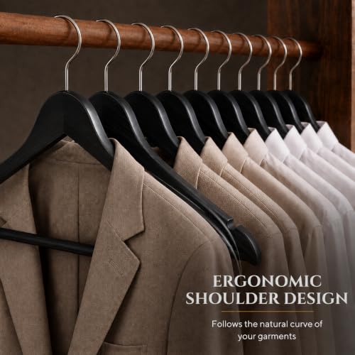 Image of Ash & Roh - Wooden Suit Hangers - Smooth Finish Solid Wood Coat Hanger with Non Slip Pants Bar, 360 Swivel Hook and Precisely Cut Notches Camisole, Jacket, Clothes Hangers (Lack Hanger, 100)