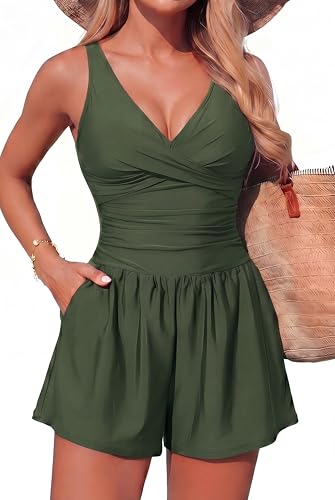 Best Petite Bathing Suits for Women Over 60 (11 Suits That Were Made for You) 12 Smismivo Romper Swimsuits for Women Tummy Control One Piece Bathing Suit Slimming V Neck Modest Full Coverage Padded with Shorts Pocket Swim Dress Ruched Long Torso 1 Pieces Swimming Push Up Green L