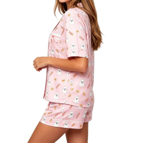 Image of Women Holiday Satin Pajamas Short Sleeve Shirts Shorts Set 2pc Loungewear