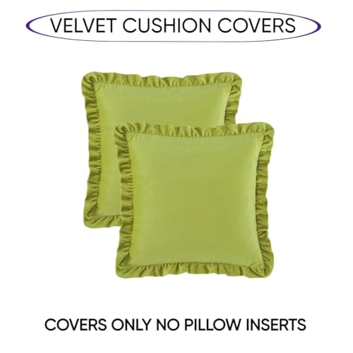 Image of Velvet Green 16x16 Pillow Covers, Set of 2 Decorative Ruffle Cushoin Pillow Covers for Sofa Couch