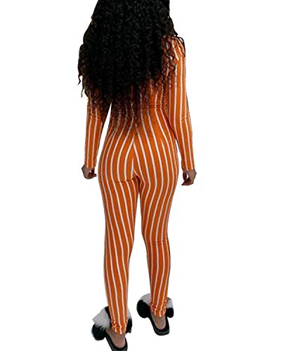 BIUBIU Women's Sexy Zip Up Striped One Piece Outfits Deep V-Neck Long Sl   eeve Bodycon Party Clubwear Jumpsuit Romper (S, Orange)