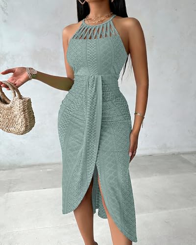 Image of CHICME Womens Summer Halter Ruched Bodycon Long Dresses