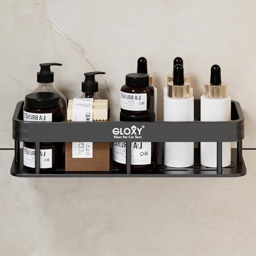 Image of GLOXY Premium Black Self-Adhesive Bathroom Shelf Caddy - Bathroom Organiser Without Drill - Heavy Duty Aluminium Toiletries Storage Rack - Wall Mounted Shelf for Bathroom & Kitchen