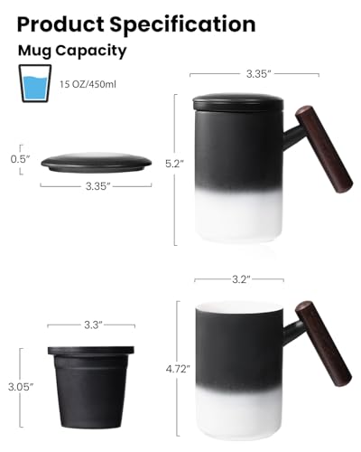15 oz Ceramic Tea Infuser Cup with Lid – All-Porcelain Strainer & Wooden Handle,Metal-Free Loose Leaf Tea Mug, Lead-Free,BPA-Free,Handcrafted Gift for Tea Lovers (Black) — view 2