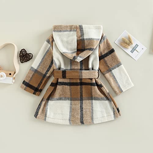 ZAXARRA Toddler Girls Flannel Plaid Jacket Long Sleeve Button Down Belted Coat Hooded Outerwear Fall Winter Clothes3