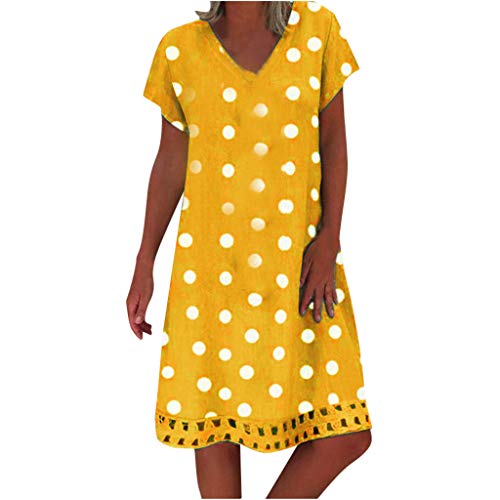 LianMengMVP Vestido Casual de Manga Corta con Cuello en V y Estampado de Lunares Sueltos para Mujer Playeros Vestidos Cortos de Verano Playa