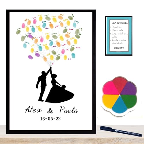 Didart Handmade Libro Firmas Boda, Cuadro de Huellas Personalizado, Regalo Original para Novios, Incluye Marco de Madera 3 Colores, Tintas e Intrucciones. (Huellas Globos, 40 X 50 CM)