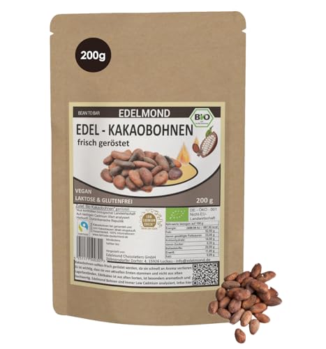 Geröstete Bio Kakaobohnen - Fair Trade, Cadmium geprüft, 200g frische Bio-Röstung - Verführerischer Edelmond AAA Edelkakao