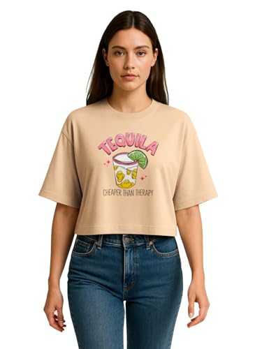 Image of HELLCAT Beige Printed Loose Fit Crew-Neck Crop T-Shirt for Women