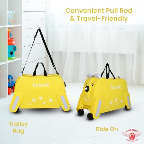 Image of Kids Trolly Bags Ride-On Suitcase with Wheels | Lightweight Rolling Luggage for Toddlers & Children | Travel Bag with Handle - Cute Cabin Trolley (Yellow)