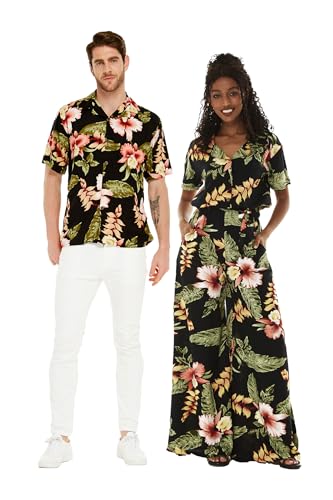 Matchable Couple Hawaiian Luau Shirt or Wide Legged with Pockets Jumpsuit in Rafelsia Black