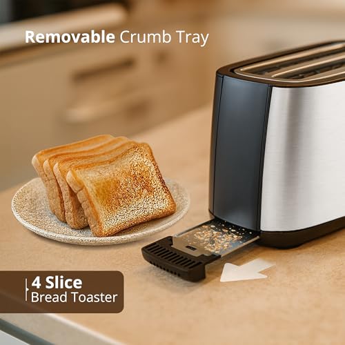 Image of iBELL Toaster CrustoF40 Auto Pop-up 4 Slice Bread Toaster with Removable Crumb Tray, Auto Shutoff, Defrost /Reheat /Cancel Button, 7 Levels Browning Controller, Led Light Indicator, 2 Year Warranty