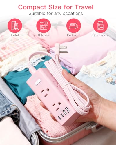 Image of 5Ft Extension Cord with Multiple Outlets, Flat Plug Power Strip Surge Protector with 5 Ft Long Cord, 6 Outlet 4 USB Ports (2 USB C), Multi Outlet Wall Plug for College, Dorm Room Essentials(Pink)