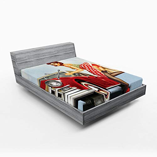 Ambesonne Pin up Girl Fitted Sheet, Retro Girl with Polka Dot Patterned Midi Skirt Fixing Classic Red American Car, Bed Cover with All-Round Elastic Pocket for Comfort, California King, Red Blue