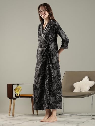 Image of 9shines Label Stylish Cotton Nighty Robe for Women | Front Open Floral Housecoat | Wrap Nighty with Pocket | Adjustable Waist Tie | Plus Size housecoat (HC-2026)