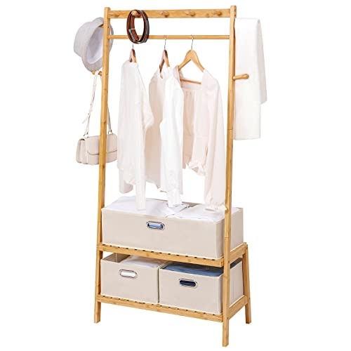 Homde Bamboo Clothing Rack With 3 Storage Box, Garment Rack Clothes Racks For Hanging Clothes, Standing Wardrobe Storage Rack With 2 Organizer Shelves, Portable, Natural #TOP27