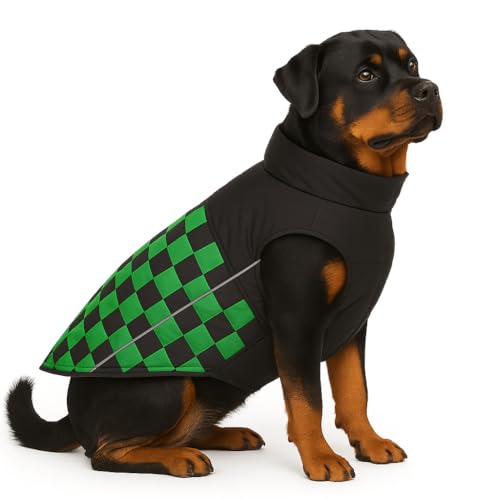 Image of The Pets Company Dog Winter Coat Jacket, Clothes, Windproof, Waterproof, Light Weight, Washable, Ultra Warm Thick Fleece Lined Dog Vest for Cold Weather Protection, (Green Check, X-Large - 28 Inch)