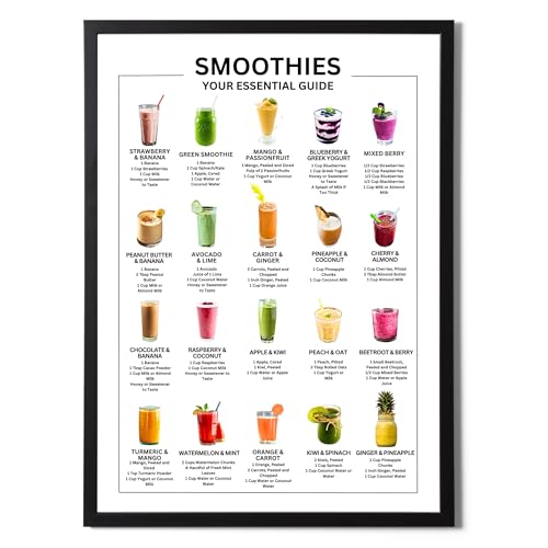 Póster de smoothies con las 20 mejores recetas con imágenes en lámina A4 para cocina
