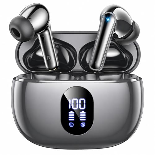 ZZU Wireless Earbuds Bass Stereo Headphones Bluetooth 5.3 Ear Buds, 48H Playtime, LED Display in Ear Earphones with Mic, IPX7 Waterproof, Touch Control Lightweight for iPhone/Sports/Laptop Darkgray