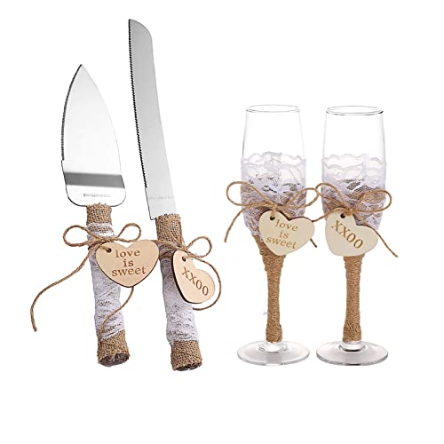 TANG SONG Cake Knife and Server with Champagne Glasses Set