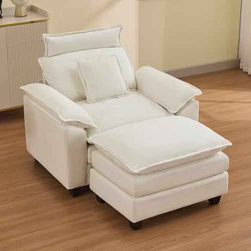 Image of 46''Cloud Oversized Sofa Chair with Detachable Headrest, Upholstered Comfy Arm Accent Chair with Ottoman,Modern Chenille Reading Lounge Armchair for Living Room,Bedroom, Beige
