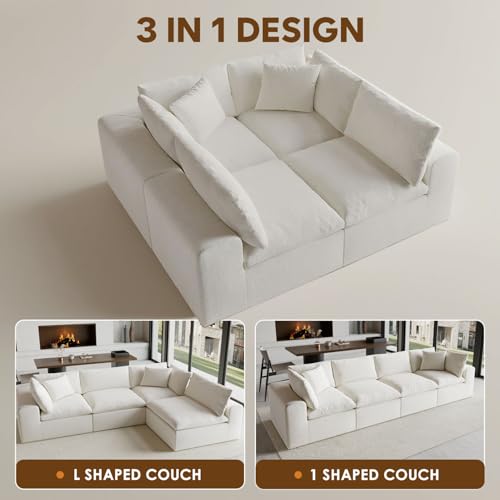 Image of 130 inch Oversized Cloud Couch, Modular L Shaped Sectional Sofa with Deep Seats, High Density Foam No Sag Support, No Assembly Required 4 Seater Washable Fabric Couch for Living Room, White