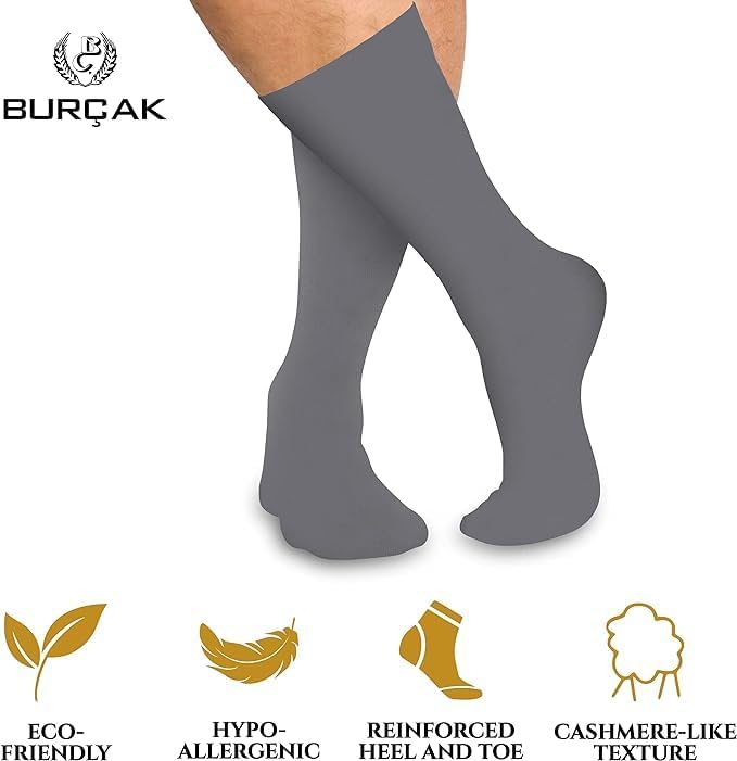 Burcak - Premium Authentic Turkish Cotton Dress Socks - Premium Quality Turkish Cotton - Soft and Breathable - Pressure-free Elastic - Men's Dressy-Casual All-Occasion Wear- 6 Pairs of Socks Per Package - Fits Sizes 7 to 13 (Smoke Gray)4