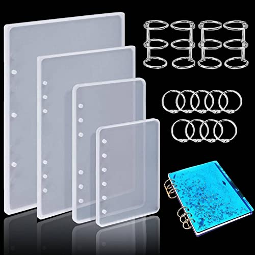 LHKK Silikonform Gießformen aus Harz für Notizbücher, 4 Stück Notebook-Silikon-Formabdeckung für A4 A5 A6 A7 mit 13 stück Buch Ringe, Silikon-Notizbuchhülle Buchringen DIY Handwerk Zubehör Cover