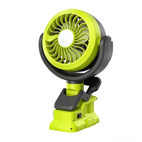 Synxiter Clip on Fan Cordless for Ryobi 18V Battery Outdoor Jobsite Fan(Green) with LED lampe Home Office Camping Workshop Construction Site Tent (No Battery)