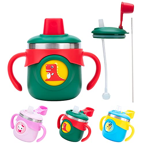 Amazlife Baby Sippy Cups for Toddlers Stainless Steel Toddler Water Bottle with Straw Double Handles Sippy Cup Gravity Ball 9ounce Weighted Baby Cup Dinosaur Tumbler Kids Water Bottles BPA Free