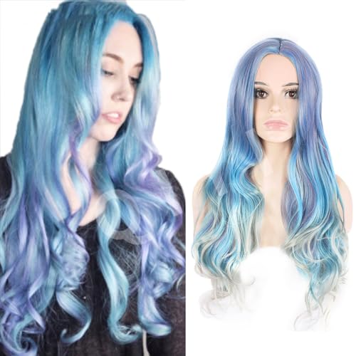 Image of KOLIGHT 27inch Women's Cosplay Wig Middle Part Big Wave Synthetic Heat-Resistant Fiber Full Head Wig for Costume Party Halloween Daily Wear (Blue-gray gradient color)