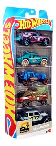 Image of Hot Wheels Car 2025 Baja Blazers Pack of 5 (Bull Whip, 87 Dodge D100, Ford Bronco R, Mountain Mauler, 17 Jeep Wrangler) Multi - Color, 3+ Years