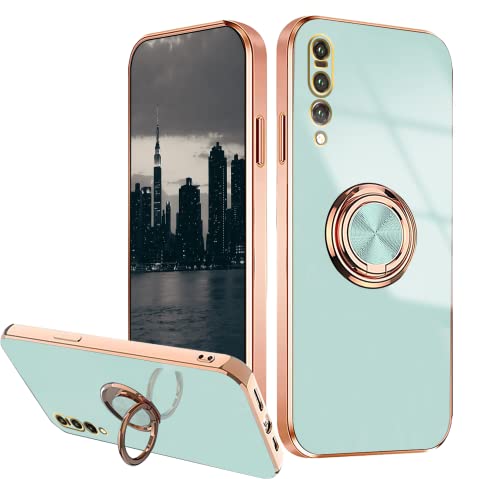 Compatible with Huawei P20 Pro Case Shockproof Phone Case for Huawei P20 Pro with Stand Plating Rose Gold Edge Cases Soft Protective Case with Ring (Light Cyan)