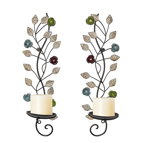 Wall Candle Sconces Set of 2 Wall Mounted Metal Candle Holder, Distressed Sconces Wall Decor with Flower Leaves for Hallway Bedroom Living Room Fireplace